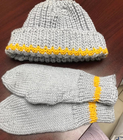 Grey and Yellow Trim Mitt and Hat Set