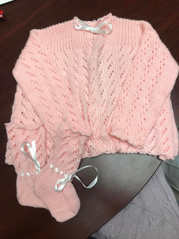 Baby Pink Knit Cardigan & Booties Set - Handmade