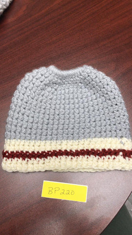 Messy Bun Hat -  Grey with White and Red Trim