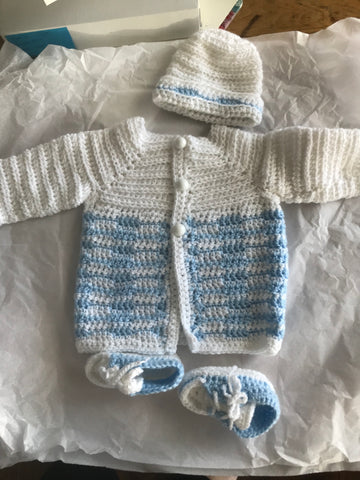 Crocheted Baby Blue & White Sweater Set - 3 piece Handmade