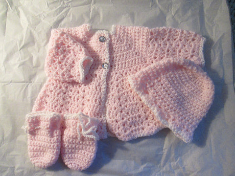 Pink Crocheted Baby Sweater Set - 3 piece - Handmade