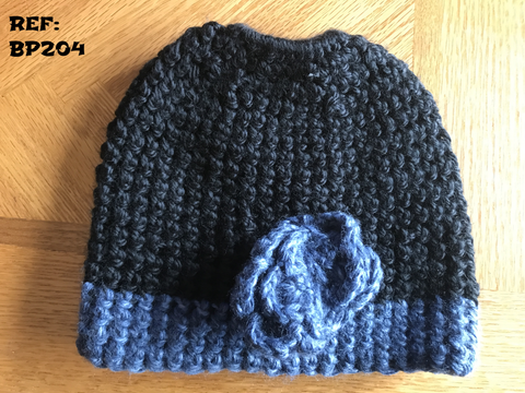 Messy Bun Hat Black and Blue Trim