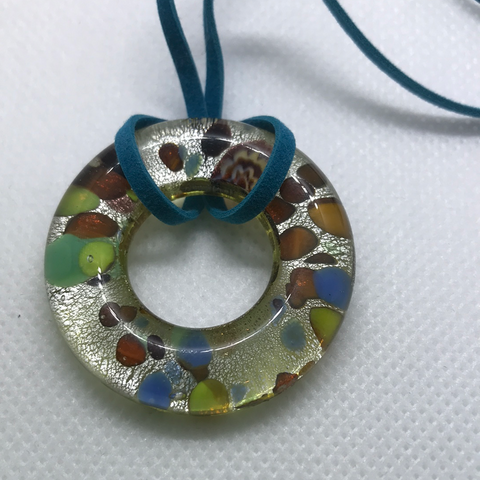 Circle  Glass Pendant with a suede rope